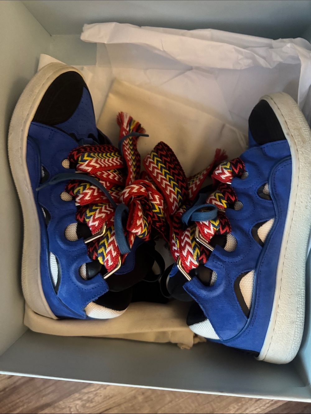 Lanvin Electric Blue Suede Sneakers with Multicolor Chevron Laces